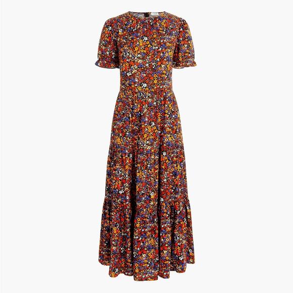 J. CREW Factory Puff Sleeve Tiered Midi Dress Blazing Sun Floral Sz L {H32} - Picture 1 of 6